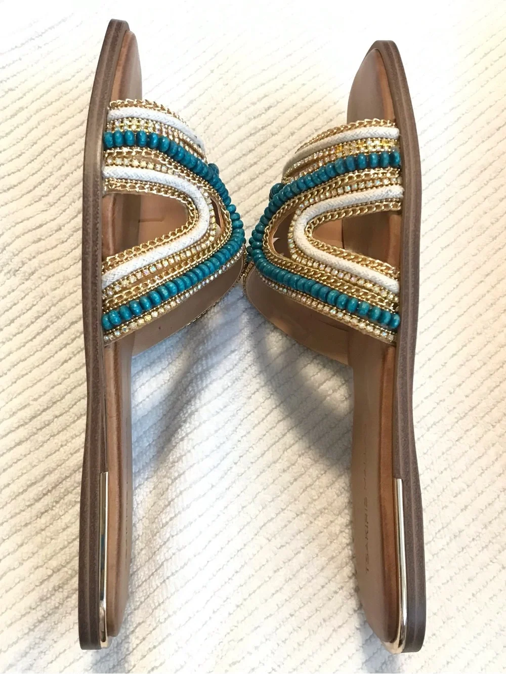 Tsakiris Mallas Greek Leather Flat Sandals Turquoise Beaded EU 41 US 10.5 NIB